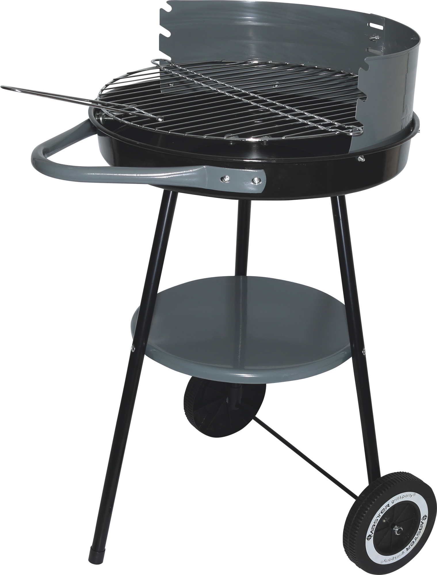 Rund träkolsgrill med hjulförsett hyllplan